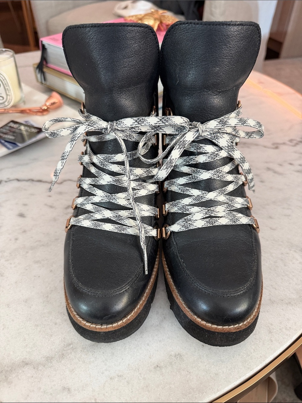 Cole Haan Black Lace-Up wedge Hiking Boots with Black & White Laces